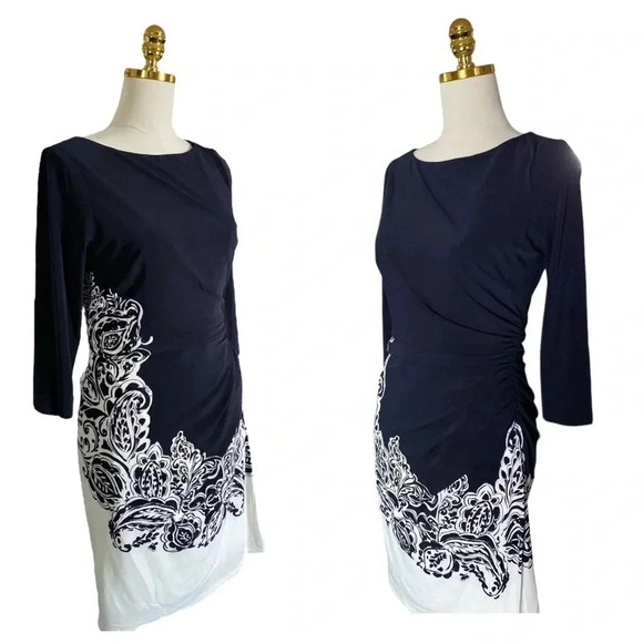 RALPH LAUREN |Women’s Navy/White Paisley Print Sheath Midi Bodycon Dress Sz 10P - Picture 5 of 9